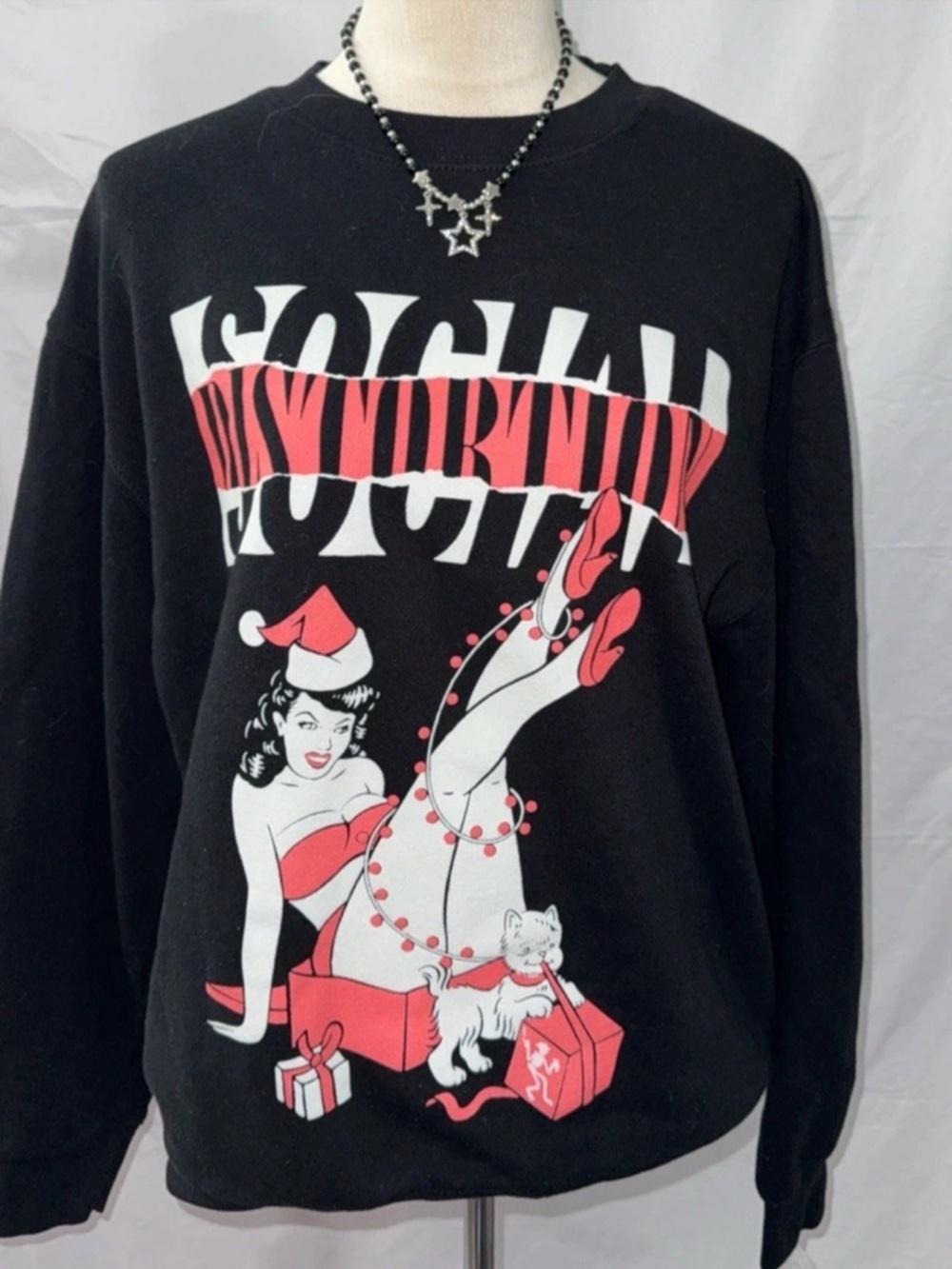 Black Graphic Holiday Crewneck Sweatshirt with Red & White Pinup Design